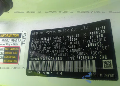 2018 Honda Clarity Plug-In Hybrid Touring из США, поврежденный, VIN JHMZC5F39JC017939